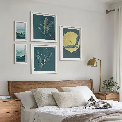 Conjunto de cuadros decorativos con paisajes, aves y cielo nocturno