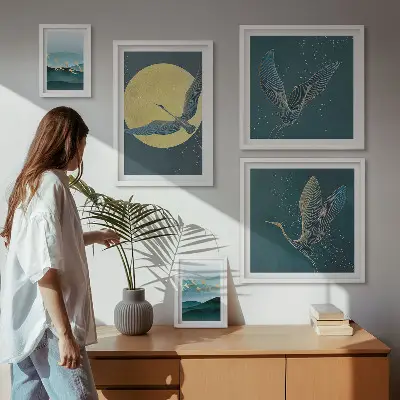 Conjunto de cuadros decorativos con paisajes, aves y cielo nocturno