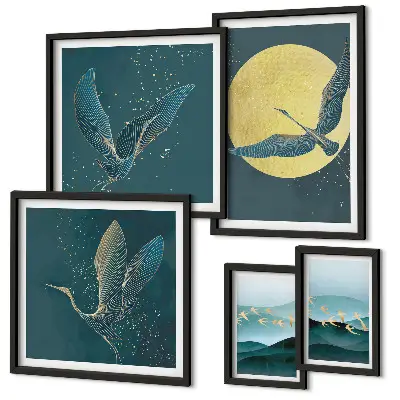 Conjunto de cuadros decorativos con paisajes, aves y cielo nocturno