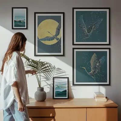 Conjunto de cuadros decorativos con paisajes, aves y cielo nocturno