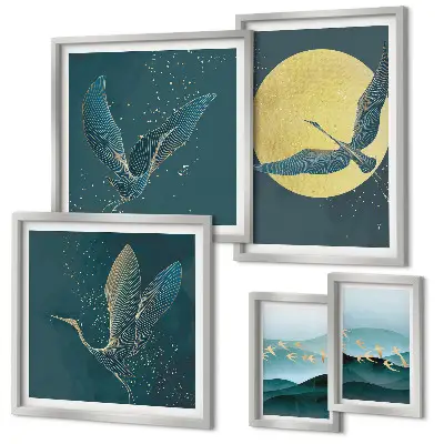 Conjunto de cuadros decorativos con paisajes, aves y cielo nocturno