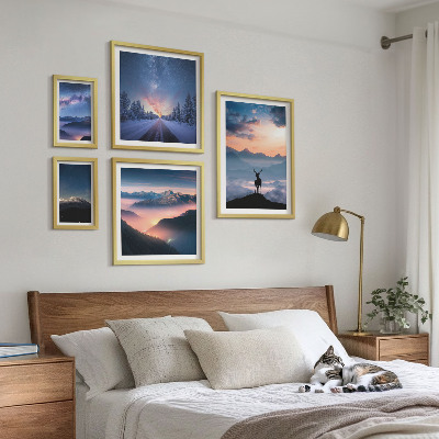 Set de 5 cuadros para salón Paisajes de montaña por la noche.