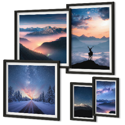 Set de 5 cuadros para salón Paisajes de montaña por la noche.