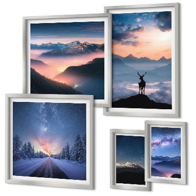 Set de 5 cuadros para salón Paisajes de montaña por la noche.