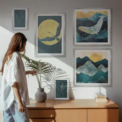 Cuadro para galería de arte de pájaros y montañas en estilo moderno
