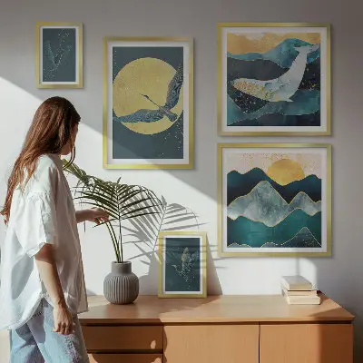 Cuadro para galería de arte de pájaros y montañas en estilo moderno