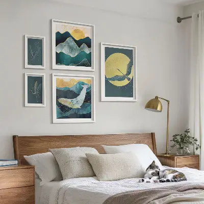 Cuadro para galería de arte de pájaros y montañas en estilo moderno