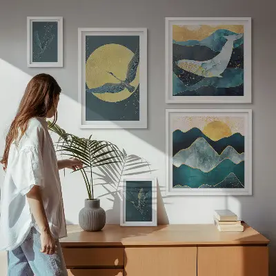 Cuadro para galería de arte de pájaros y montañas en estilo moderno
