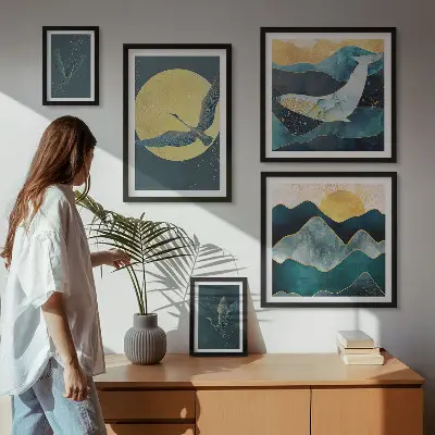 Cuadro para galería de arte de pájaros y montañas en estilo moderno