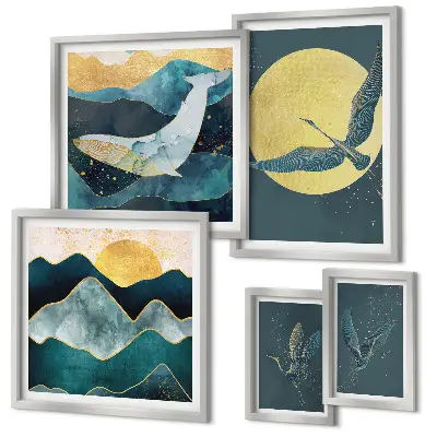 Cuadro para galería de arte de pájaros y montañas en estilo moderno