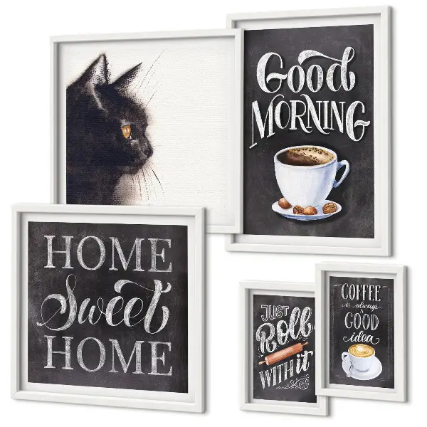 Pared galería de arte con eslóganes positivos sobre gatos y café