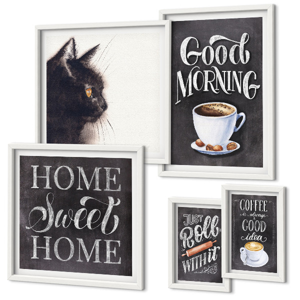 Pared galería de arte Eslóganes positivos sobre gatos y café
