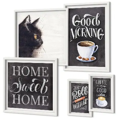 Pared galería de arte con eslóganes positivos sobre gatos y café