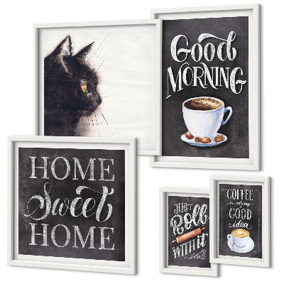 Pared galería de arte Eslóganes positivos sobre gatos y café