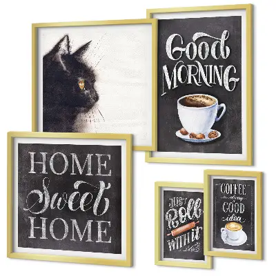 Pared galería de arte con eslóganes positivos sobre gatos y café