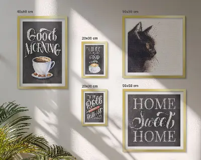 Pared galería de arte con eslóganes positivos sobre gatos y café