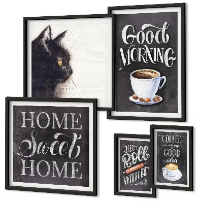 Pared galería de arte con eslóganes positivos sobre gatos y café