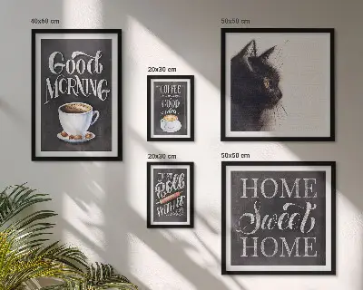 Pared galería de arte con eslóganes positivos sobre gatos y café