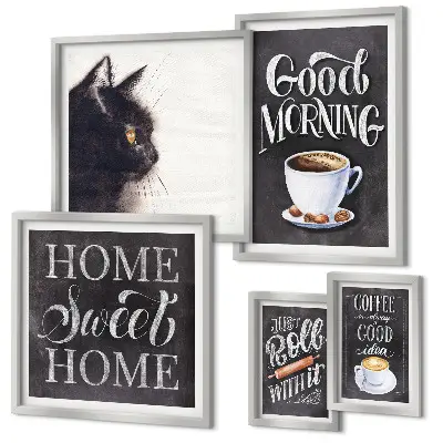 Pared galería de arte con eslóganes positivos sobre gatos y café