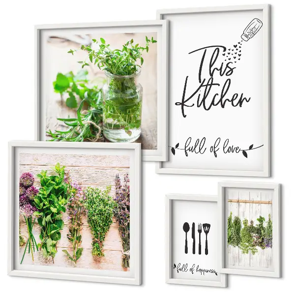 Conjunto de cuadros decorativos con diseño de hierbas aromáticas para cocina
