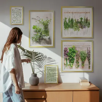 Set de 5 cuadros decorativos para salón diseño con motivos de hierbas aromáticas
