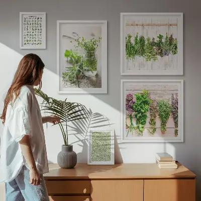 Set de 5 cuadros decorativos para salón diseño con motivos de hierbas aromáticas