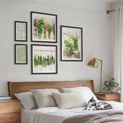 Set de 5 cuadros decorativos para salón diseño con motivos de hierbas aromáticas