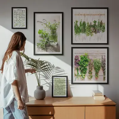 Set de 5 cuadros decorativos para salón diseño con motivos de hierbas aromáticas