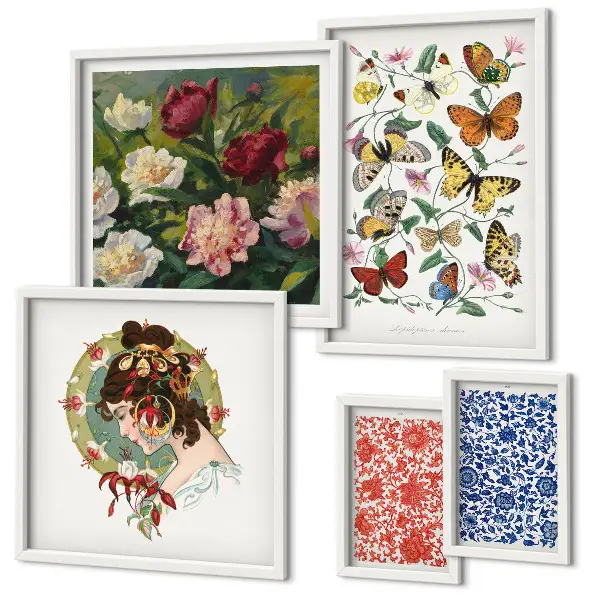 Conjunto de cuadros decorativos con motivos de flores, mariposas y estilo vintage