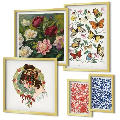 Conjunto de cuadros decorativos con motivos de flores, mariposas y estilo vintage