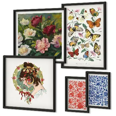 Conjunto de cuadros decorativos con motivos de flores, mariposas y estilo vintage