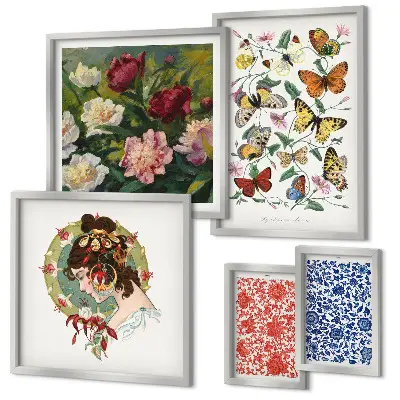 Conjunto de cuadros decorativos con motivos de flores, mariposas y estilo vintage