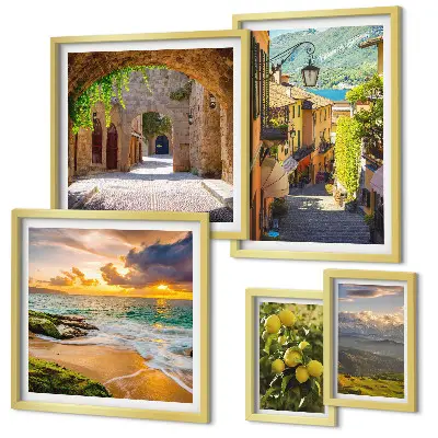 Set de 5 cuadros para salón de calles y paisajes encantadores