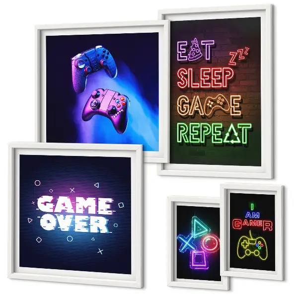 Set de 5 cuadros para salón con temática de videojuegos en estilo neón
