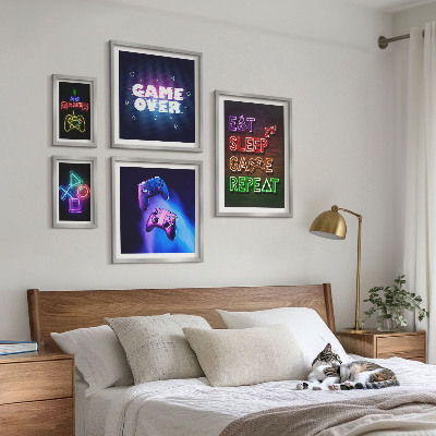 Set de 5 cuadros para salón Temas de videojuegos neón