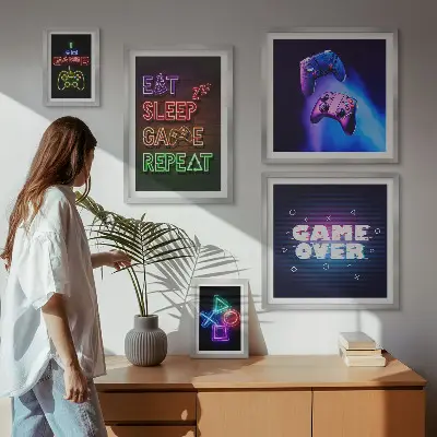 Set de 5 cuadros para salón con temática de videojuegos en estilo neón