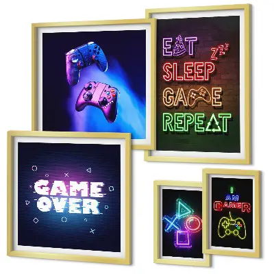 Set de 5 cuadros para salón con temática de videojuegos en estilo neón