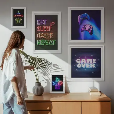 Set de 5 cuadros para salón con temática de videojuegos en estilo neón