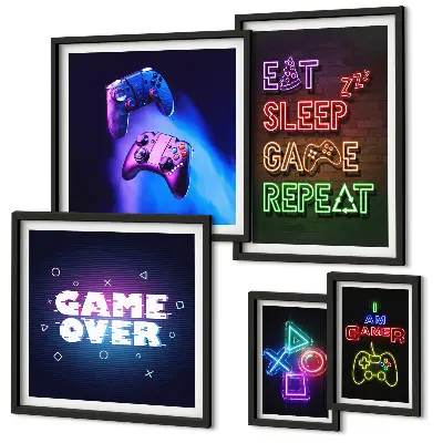 Set de 5 cuadros para salón con temática de videojuegos en estilo neón