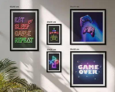 Set de 5 cuadros para salón con temática de videojuegos en estilo neón