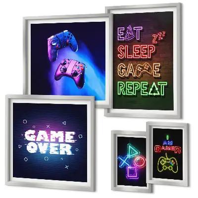 Set de 5 cuadros para salón con temática de videojuegos en estilo neón