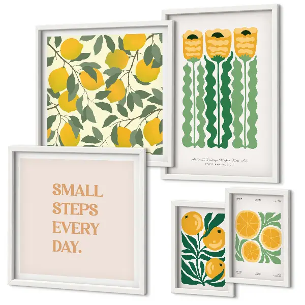 Conjunto de cuadros decorativos con diseño de flores cítricos y frases positivas