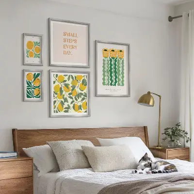 Conjunto de cuadros decorativos con diseño de flores cítricos y frases positivas