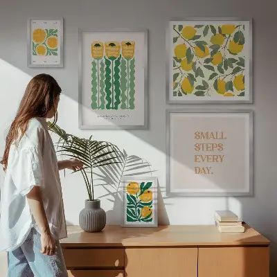 Conjunto de cuadros decorativos con diseño de flores cítricos y frases positivas