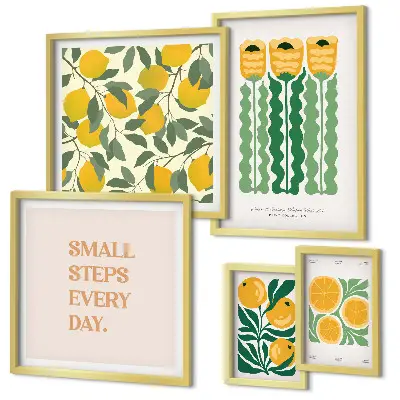 Conjunto de cuadros decorativos con diseño de flores cítricos y frases positivas