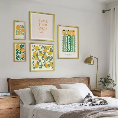 Conjunto de cuadros decorativos con diseño de flores cítricos y frases positivas