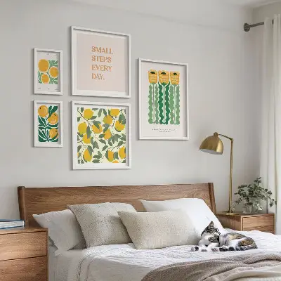 Conjunto de cuadros decorativos con diseño de flores cítricos y frases positivas