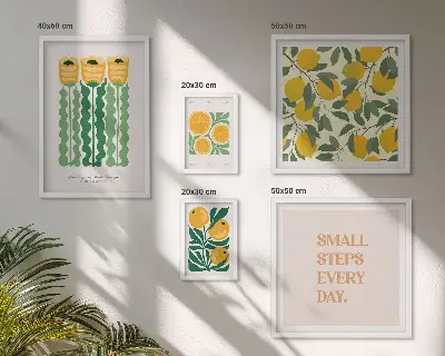 Conjunto de cuadros decorativos con diseño de flores cítricos y frases positivas