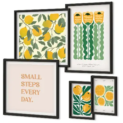Conjunto de cuadros decorativos con diseño de flores cítricos y frases positivas