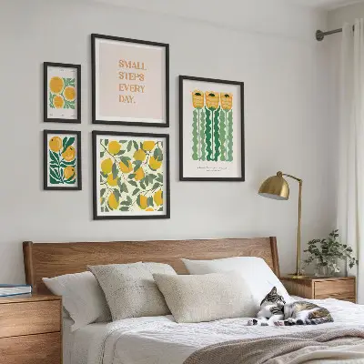 Conjunto de cuadros decorativos con diseño de flores cítricos y frases positivas